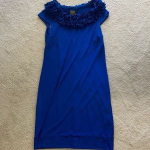 Royal blue cap sleeve sheath dress w ruffle detail